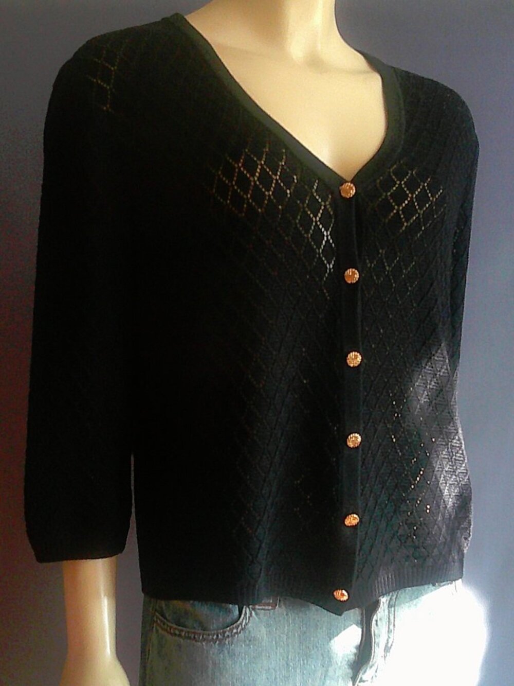 St. John Sport Black Wool Blend Pointelle Cardigan Sweater M